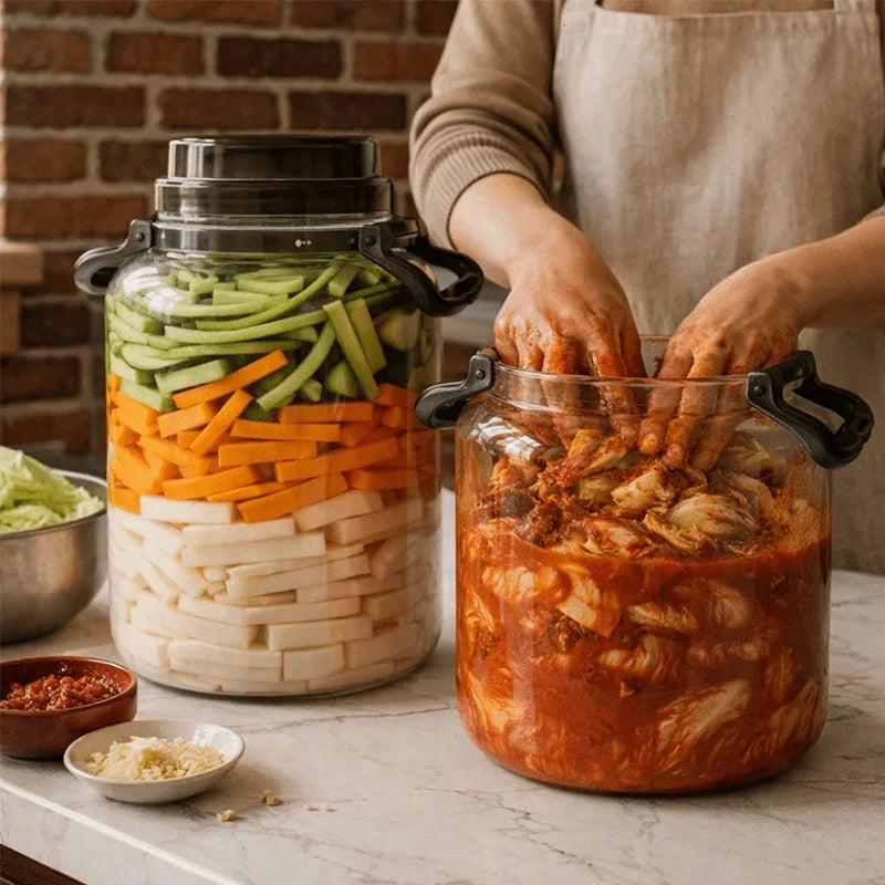 Large Pickling Jar with Airtight Lid, Leak-Proof Food Grade Storage Jar with Handle